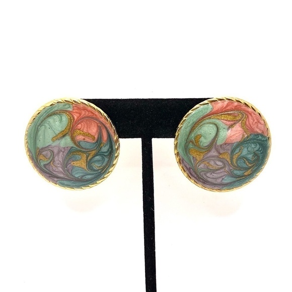 Earrings Artisan Swirl Enamel Gold Tone Statement - Picture 3 of 7